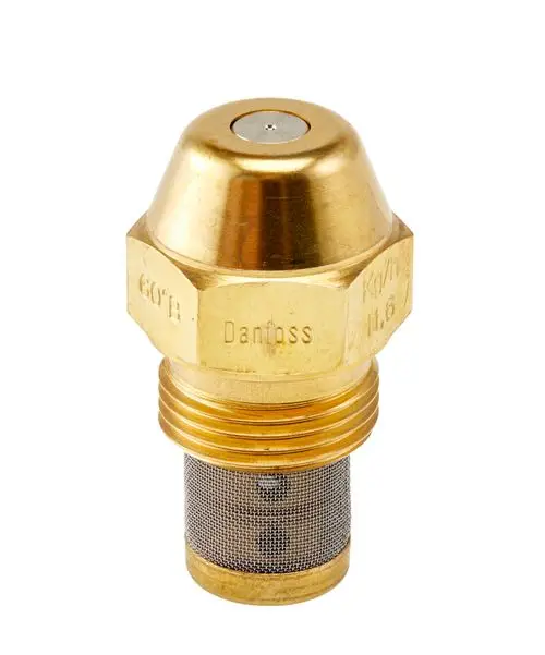 Danfoss-Oelduese mit einer metallenen Konstruktion, konischer Form und einem feinen Sieb am unteren Ende. Die Oberseite hat eine runde Öffnung und ist glatt.